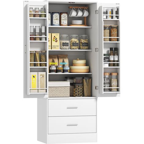 159 cm Küchenschrank, verstellbare Regale, 2 Schublade, für Küche, Esszimmer, Spanplatte, MDF, Weiß
