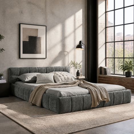 Cama 140x200 de chenilla con estructura de madera y hierro, capitoné cuadrado, gris oscuro DESVIAE (1/5)