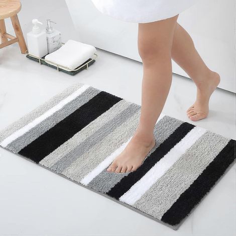 Tapis de bain antidérapant, tapis de bain rayé en microfibre douce, tapis de bain absorbant à poils longs, lavable en machine - 40 x 60 cm, gris/noir (1/5)