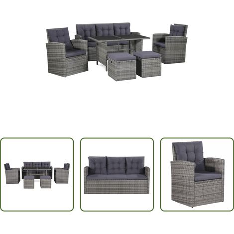 Canapé en rotin - Salon de jardin 6 pcs avec coussins résine tressée gris (1/5)
