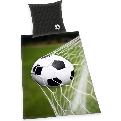 Parure de Lit Réversible, Motif Football, Housse de Couette 140 x 200 cm, Taie d'Oreiller 70 x 90 cm, Coton/Renforcé, Vert/Gris (1/5)
