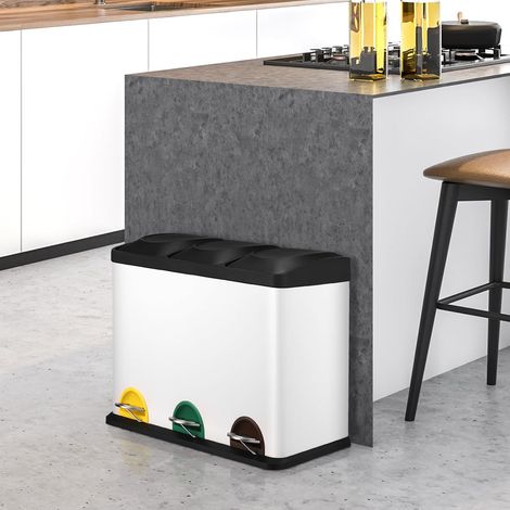45 Liter Mülleimer mit Deckel, 3-Fach Recyclingeimer, Wertstofftonne, Küchenmülleimer, Treteimer - Weiß (1/5)