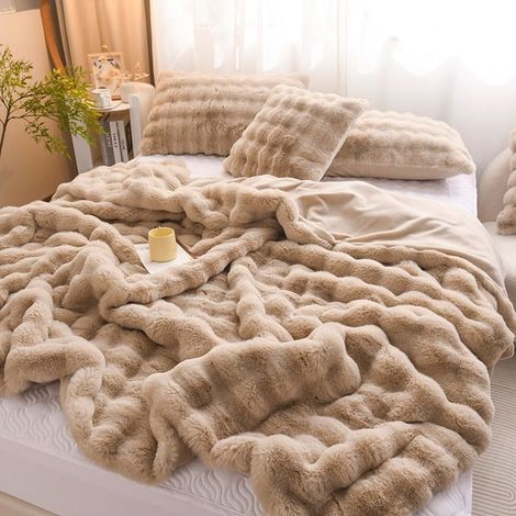 Couverture en fausse fourrure de lapin Sherpa réversible, chaude, confortable et moelleuse pour lit, canapé,Kaki, 100 x 150 cm (1/5)