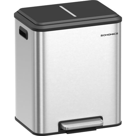 Poubelle de Cuisine, 2 x 15 L Poubelle Double pour le Recyclage et les Déchets Ménagers, Seaux Intérieurs, Acier Inoxydable, Fermeture Douce, Pédale, Argent Métallique LTB544E01 (1/5)
