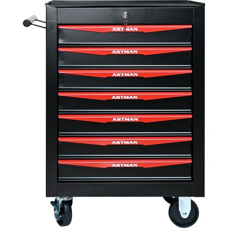 Coffre à outils métallique 7 tiroirs pliable avec roulettes, glissières à billes, rangement acier - organisateur d'atelier noir et rouge 52,4x33x77,7cm (1/5)