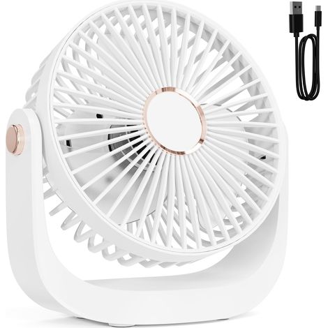 Ventilateur de Table, Ventilateur Silencieux Rechargeable USB, 5 Vitesses avec Veilleuse, Réglable à 360 °, 3000mAh Batterie Pour Maison, Bureau, Extérieur, Cuisine, Camping, Blanc [Classe énergétique (1/5)