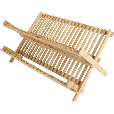Égouttoir à vaisselle pliable en bois, 20 compartiments, 2 niveaux, pour assiettes, bols et tasses (1/5)