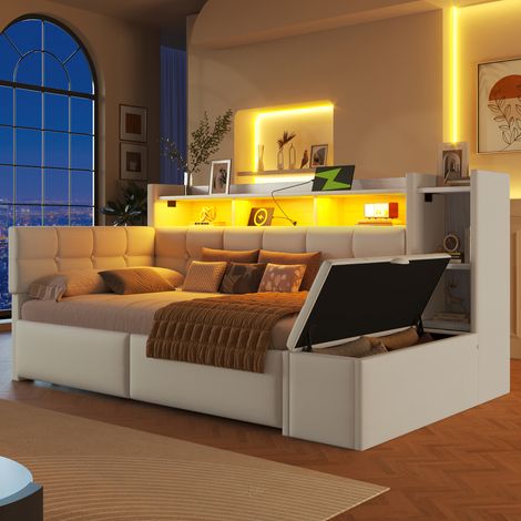 Lit de jour, Schlafsofa, dimensions : 90 × 190 cm. Il est équipé de deux tiroirs, d’une prise USB et d’une prise Type-C. (1/5)