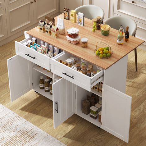 Isola da cucina bianca e naturale con piano ribaltabile, 2 cassetti, 5 ruote HAVRYA (1/5)