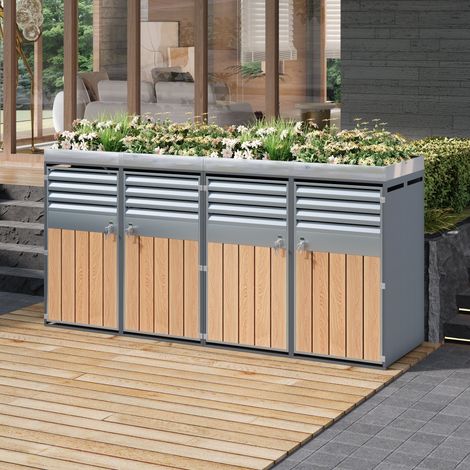 Mülltonnenbox 4 Türen mit Pflanzdach, Belüftung und Schloss, Verzinkter Stahl, Industrie-Stil, Grau und Holzoptik