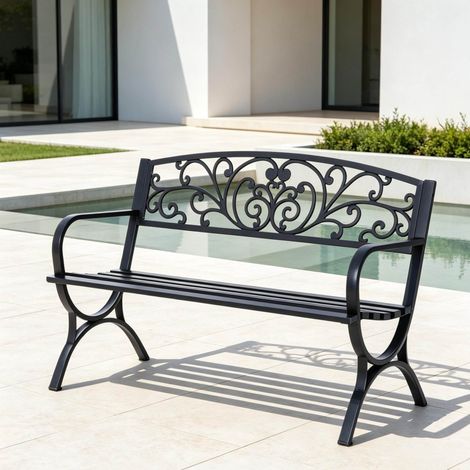 Schwarze Gartenbank aus Metall mit ornamentaler Rückenlehne für außen OKWISH (1/5)