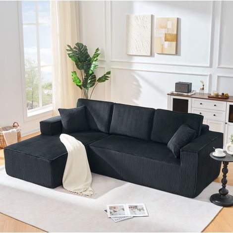 Sofá esquinero modular en L 235 x 128 x 60 cm, terciopelo acanalado negro, chaise longue y cojines (1/5)