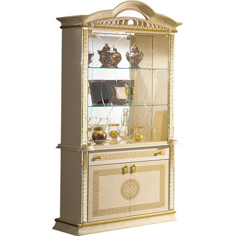 Vitrine 4 portes 1 tiroir bois vernis laqué brillant beige et doré Venus 105cm (1/2)