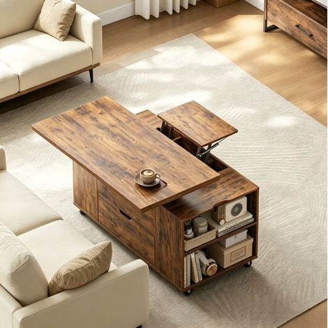 Mesa de centro elevable (50.5x100x53 cm), con ruedas bloqueables, almacenaje integrado, metal y madera marrón rústico (1/5)