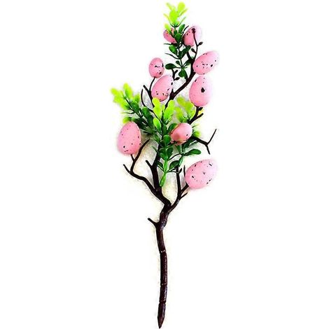 1. Dekorativer Osterzweig mit bemalten Eiern, künstlichen Vögeln, grünen Blättern und einem künstlichen Blumenstrauß für festliche Dekorationen. (94 Zeichen)