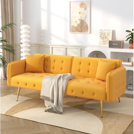 Canapé convertible 2 places en velours jaune, couchage 215 x 81,5 cm, dossier réglable HAVRYA (1/5)