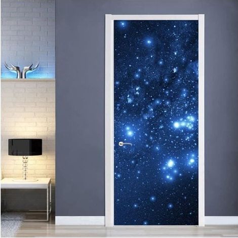 Autocollants De Porte 3D Scène De Nuit Ciel Étoilé Bleu Stickers Porte Poster Papier Peint Porte Trompe L'Oeil Pour Salon Chambre (1/4)