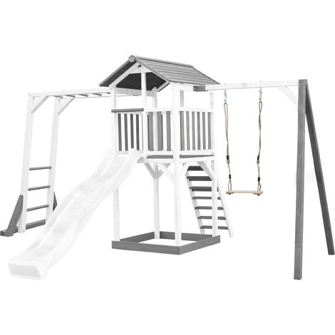 Axi Beach Tower Aire De Jeux Avec Toboggan En Blanc, Cadre D'Escalade, Balançoire & Bac À Sable  Grande Maison Enfant Extérieur En Gris & Blanc  Cabane De Jeu En Bois Fsc