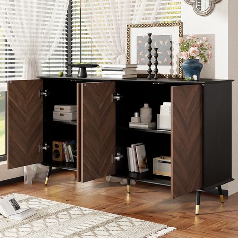 Meuble buffet moderne 140x40x80 cm avec 4 portes et étagères ajustables, avec pieds métal, pour salon et salle à manger,MDF ,Brun