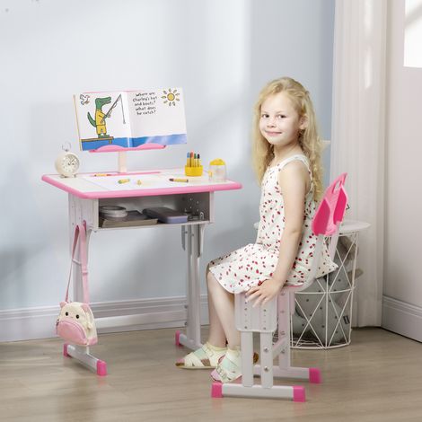 Bureau d'écolier réglable en hauteur avec chaise pour enfants de 6 à 12 ans. Acier et MDF. Rose.