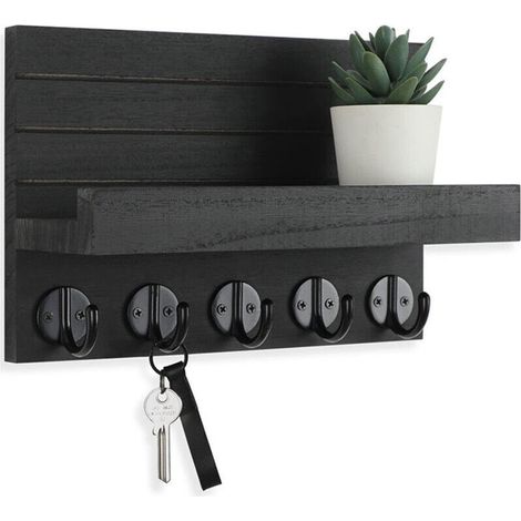 Wandmontierter Schlüsselhalter, kleiner 21,5 cm Wandorganizer aus Holz mit 4 Haken und einem Regal, Wanddekoration für Wohnzimmer, Eingangsbereich oder Küche (schwarz) (1/4)