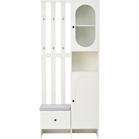 Recibidor zapatero blanco con 2 armarios, 6 ganchos y banco zapatero de 85 x 33,5 x 200 cm (1/5)