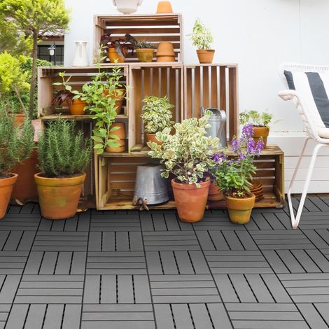Lot de 9 dalles clipsables pour terrasse, carrelage extérieur antidérapant en PP, surface 0,81 m², 30x30x2 cm, noir (1/5)