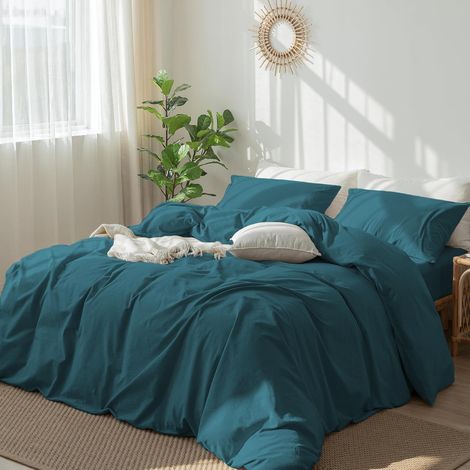 Parure de lit 2 pièces en coton doux et douillet avec housse de couette de 135 x 200 cm et taie d'oreiller de 80 x 80 cm - Turquoise vert uni - Pour lit simple - Avec fermeture éclair (1/5)