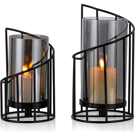 Lot de 2 photophores noirs décoratifs modernes : lot de 2 bougeoirs en métal pour l'extérieur, décoration de table, salon, salle de bain, jardin, pour l'intérieur et l'extérieur (1/5)