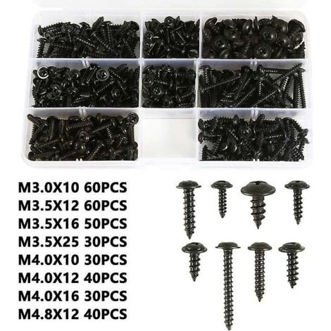 Vis à tôle noires autoforeuses en acier carbone inoxydable, vis auto-perceuses tête plate cruciforme, lot de visserie robuste pour métal, usage professionnel et bricolage. (1/5)