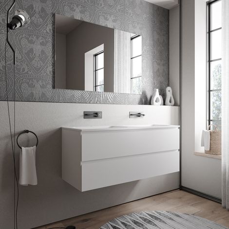 Unterschrank Bernstein AVA 120 cm mit Mineralguss Waschbecken CREAM - Badmöbelfarbe Weiß matt, Waschbecken Weiß matt ohne Hahnloch