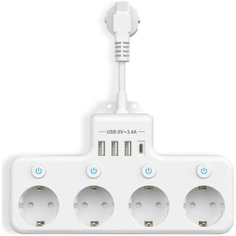 Prises Multiples avec USB, Multiprise 4 Compartiments avec Interrupteur Unique Multiprise avec 3 USB & 1 Type-C (5V 3.4A) pour Cuisine Salon Chambre Bureau