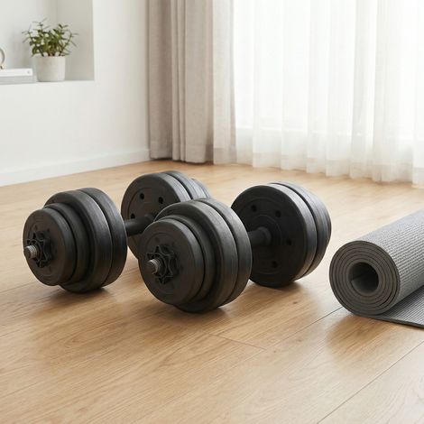 Haltères 2-en-1, avec Barre de Connexion en Acier, 2 x 15 kg, Noir (1/5)