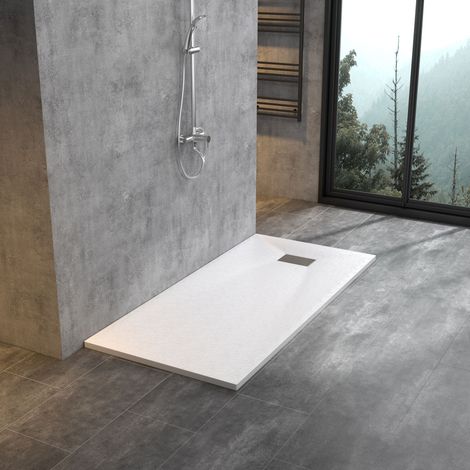 Design Duschwanne Weiß Steinoptik Edelstahl Abflussrinne 180x70 cm (1/5)