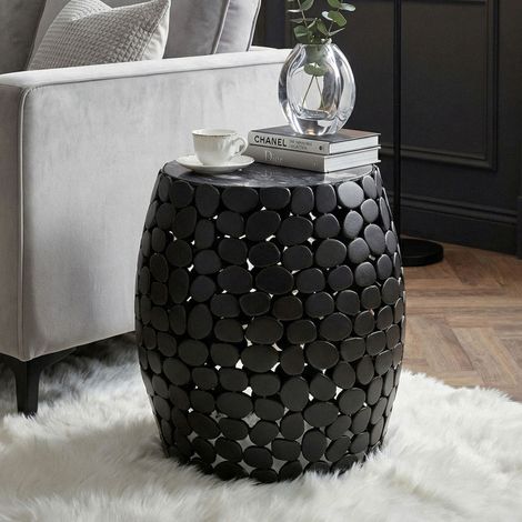 Table d'appoint ronde galet 40x46 cm en marbre et aluminium noir