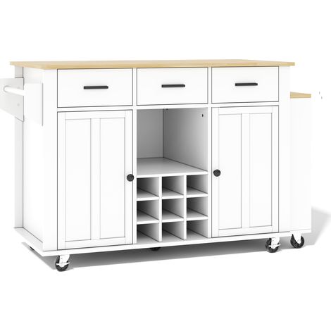 Mobile Kücheninsel mit ausziehbarer Arbeitsplatte, MDF, 136(223)x50x93 cm, Weiß/Eiche (1/5)