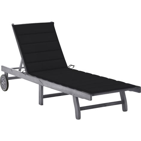 Tumbona tumbona cama solar cama de jardín muebles de exterior para terraza con cojín gris madera maciza de acacia 020012488