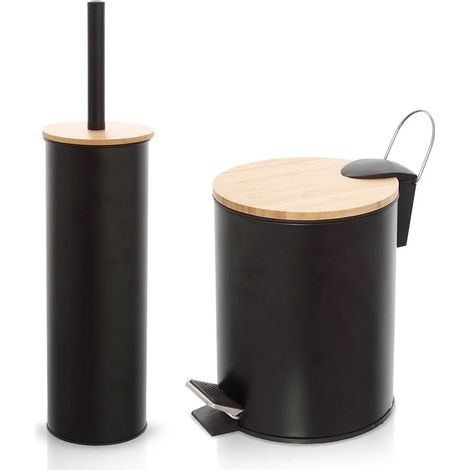 Set accessori bagno scopino e pattumiera nero in acciaio e bambù Haiti (1/5)