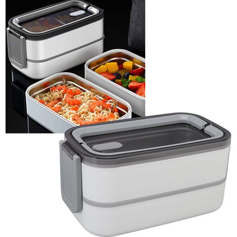 Boîte à bento en acier inoxydable 304, compatible micro-ondes, avec baguettes et cuillère, double compartiment pour le déjeuner des adultes au travail. Deux compartiments. (1/5)