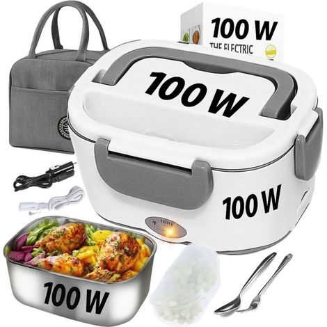 Lunch Box Gamelle chauffante, lunch box chauffante électrique chauffe plat, boite repas 12v24v220v 100 W etanche réchauffe plat bureau, voiture, camion allume cigare, chantier,sac isotherme (1/4)