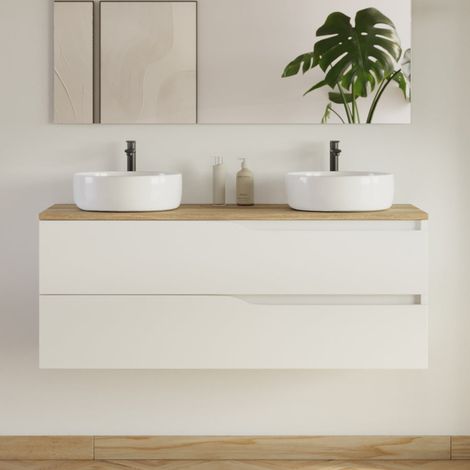Meuble de salle de bain 120cm avec plateau miel et 2 vasques à poser Ares - 2 tiroirs - sans miroir - blanc - LUNA (1/5)