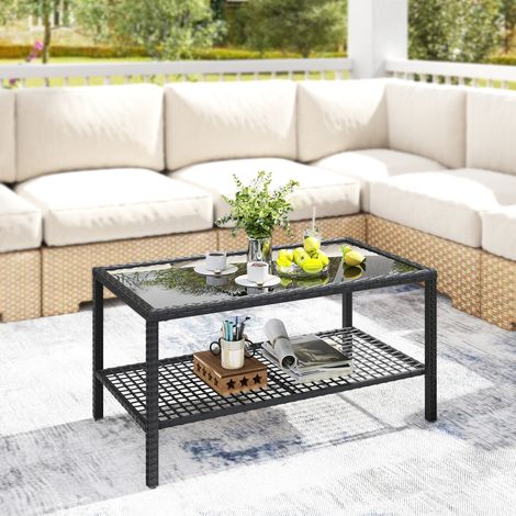 Noir 92x50x45 cm - Table d’appoint en rotin doté de étagère en verre trempé Structure en acier