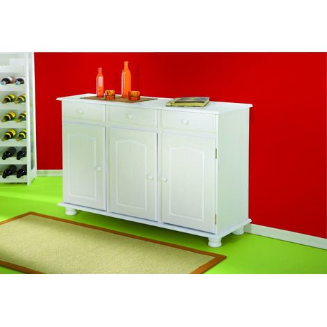 Buffet blanc en pin massif 130x43x87 cm – 3 portes et 3 tiroirs – Design raffiné pour salle à manger – Inter Link (1/5)