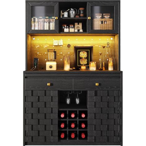 Buffet haut de cuisine Noir,meuble de rangement moderne,avec étagères réglables,prise avec USB,120x40x178cm (1/5)