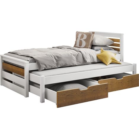 Cama Henderson 169, Blanco + Roble Sonoma, Individual con una cama supletoria-nido, Individuales, 80x170, 80x180, Madera, Somieres, 88x192x82cm