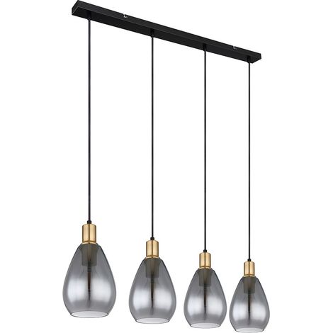 Hängelampe Pendelleuchte rauchglas 4 Flammig schwarz Wohnzimmer Deckenleuchte hängend, Metall messing, E27 Fassungen, LxBxH 90x15x120 cm