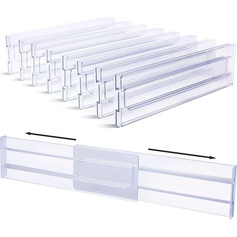 Séparateurs de tiroir en plastique, réglables, lot de 8 (30,99-55,12 cm), séparateur de tiroir transparent, organisateur de tiroir pour rangement de cuisine, chambre à coucher, commode (1/5)