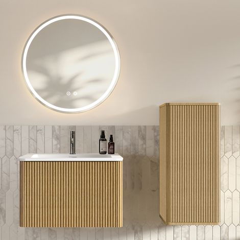 Mueble de baño con lavabo y espejo LED, armario bajo y armario lateral, diseño moderno, MDF, vidrio, color roble (1/5)
