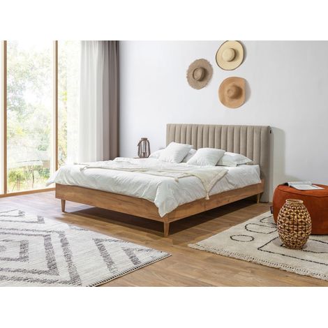 Bobochic – Lit OCEANE 180x200 cm – Tête de lit capitonnée en tissu texturé – Structure en bois naturel – Montage facile en 15 min (1/5)