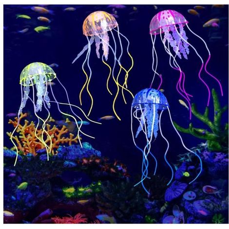 Ensemble de 4 Méduses Artificielles Lumineuses pour Aquarium, en Silicone Fluorescent - Accessoires de Décoration pour Aquariums (1/5)